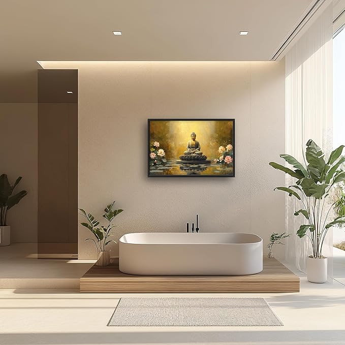 Buddha Large Wall Art Golden Buddhist Pictures Wall Decor Zen Lotus Big Canvas Painting Prints Framed Artwork Home Decorations Above Bed for Bedroom Living Room Dining Room Bathroom 36"x24"