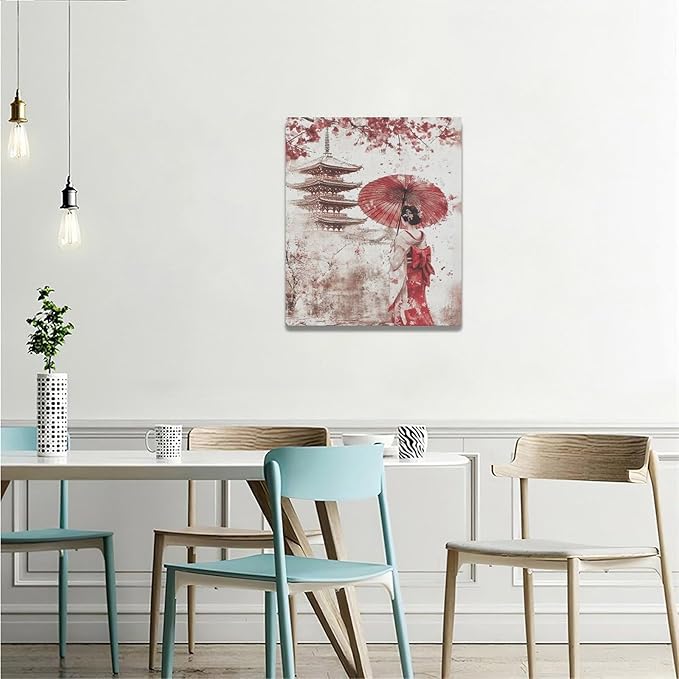 Japan Wall Art Japanese Geisha Wall Decor Cherry Blossoms Farmhouse Japan Pictures Canvas Painting Artwork Home Decorations for Living Room Bedroom Bathroom Office Classroom 20"x24"