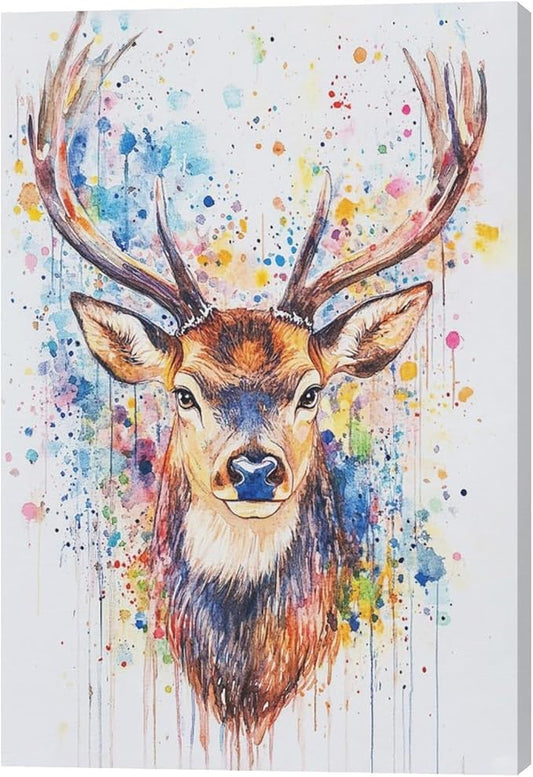 Fleruku Watercolor Deer Wall Art Colorful Elk Wall Decor Antlers Pictures Animal Canvas Painting Artwork Home Decorations for Living Room Bedroom Bathroom Office Nursery Classroom 16"x24"