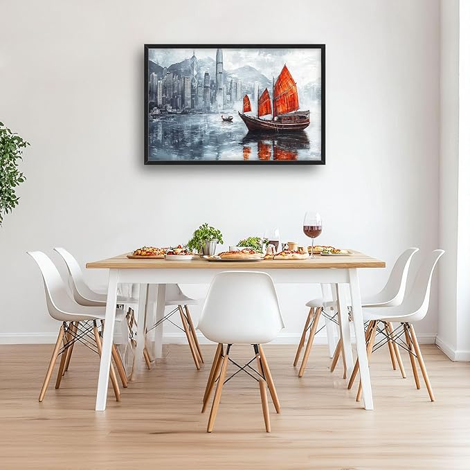 Cityscape Boat Large Wall Art Sailboat Pictures Wall Decor Coastal Canvas Ocean Nautical Print Painting Modern Artwork Home Decoration for Living Room Bathroom Bedroom Office Framed 24"x36"