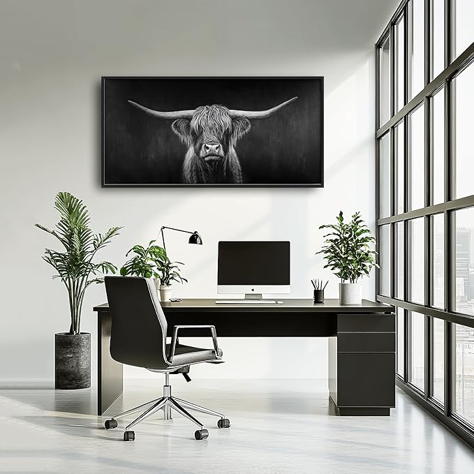 SweetFox Extra Large Highland Cow Framed Wall Art for Living Room, Black and White Longhorn Cattle Pictures Oversized Wall Decor Abstract Canvas Painting Print Artwork for Bathroom Bedroom 60L X 30W