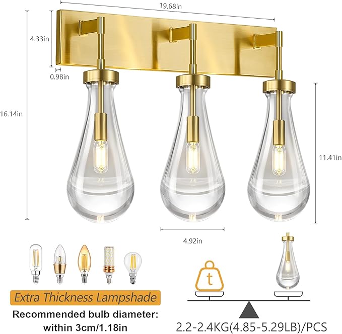 Raindrop Wall Sconces Gold Crystal Sconces Wall Decor Modern Brass Lighting Glass Bathroom Sconces Indoor Vanity Light Wall Lamp for Bedroom Living Room Stair(3-Light)