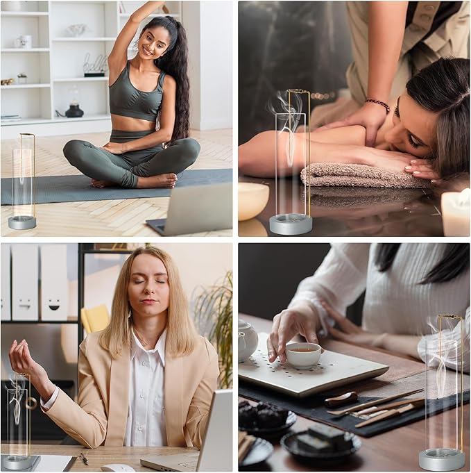 Incense Holder for Sticks, Anti-Ash Flying Incense Burner with 30 Incense Sticks, Detachable Glass Ash Catcher