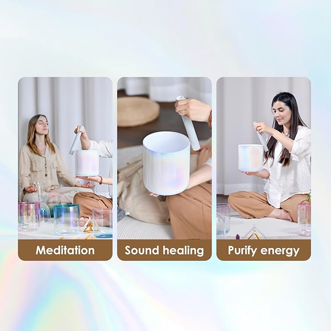 432HZ 7 inch C note Clear White Quartz Handle Crystal Singing Bowl with Mallet & O-ring