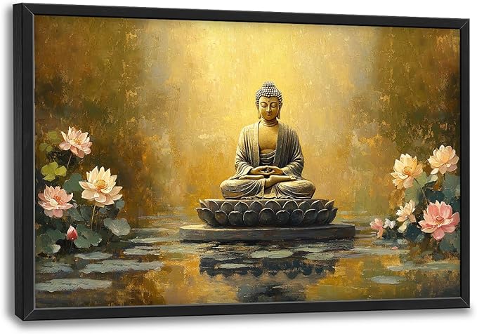 Buddha Large Wall Art Golden Buddhist Pictures Wall Decor Zen Lotus Big Canvas Painting Prints Framed Artwork Home Decorations Above Bed for Bedroom Living Room Dining Room Bathroom 36"x24"