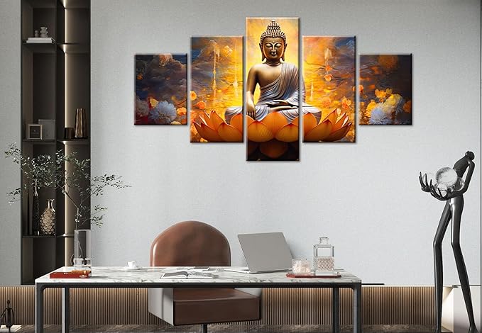 DJSYLIFE Gold Buddha Wall Art for Living Room Large 5 Piece Zen Photo Picture HD Canvas Print Paintings for Yoga Room Home Decor Modern Artwork Framed Ready to Hang Decorations (60" W x 32" H)