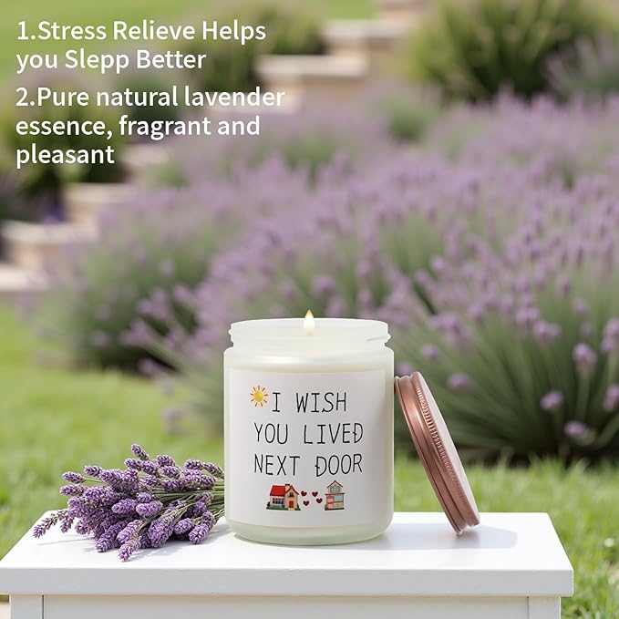 Lavender 'Wish You Lived Next Door' Scented Candle – 8oz Soy Wax Jar, 50-Hour Burn – Long-Distance Gift for Couples, Friends & Missing Someone