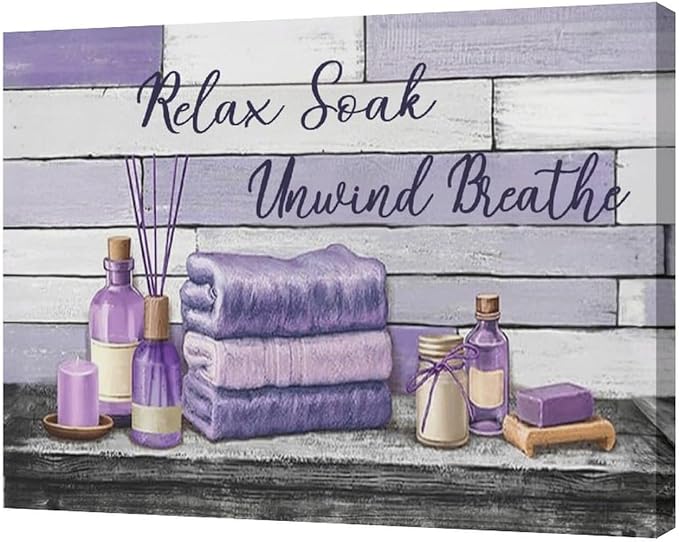 Farmhouse Bathroom Wall Art Relax Soak Unwind Breathe Wall Decor Rustic Bathroom Pictures Canvas Painting Framed Artwork Purple Country Home Decorations for Toilet Lavatory 20"x16"
