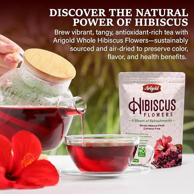 Arigold Pure Whole Petals Hibiscus Tea 1lb – Organic Dried Hibiscus Flowers,Flor de Jamaica, Hibiscus Sabdariffa, Bissap, Sorrel, hibiscus tea loose leaf Herbal Tea for Agua Fresca, Cocktails, Iced Tea & Hot Tea | Caffeine-Free & Rich in Antioxidants.
