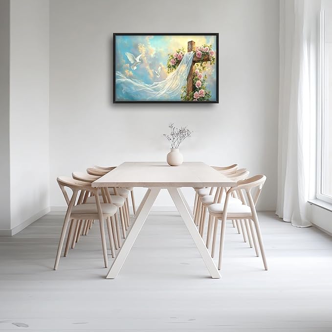 Cross Jesus Wall Art Large Christian Religious Pictures Wall Decor Rose Dove Big Canvas Painting Prints Framed Artwork Home Church Decorations Above Bed for Prayer Bedroom Living Room Dining Room 36"x24"