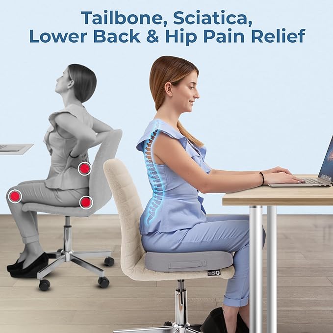 5 STARS UNITED Seat Cushion for Tailbone Pain Relief – Memory Foam Cushion for Coccyx, Hip, Hemorrhoid, Sciatica & Post-Surgery Recovery – Wheelchair, Car, Desk, Gaming & Office Chairs, L Gray