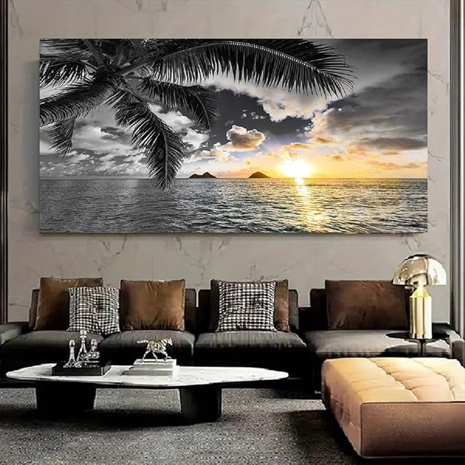 Bamdeya Large Canvas Wall Art for Bedroom Black and White Beach Wall Art Sunset Seascape Pictures Palm Prints Art Wall Decor Living Room Ocean Poster Painting Home Office Decoration Scenery Artwork