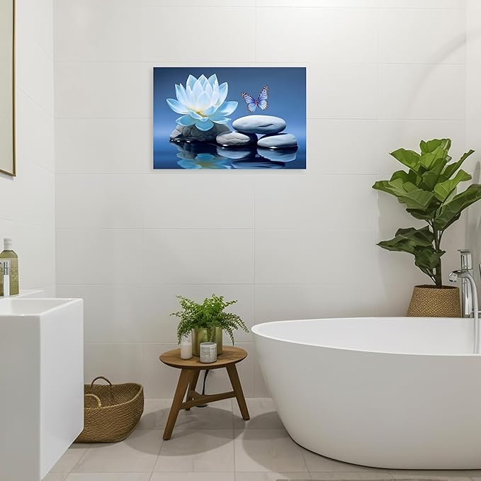 ARTZGX Blue Zen Wall Art Lotus Flower Canvas Spa Stone Pictures for Bathroom Wall Decor Meditation Butterfly Painting Frame(Zen - A 24.00" x 36.00")