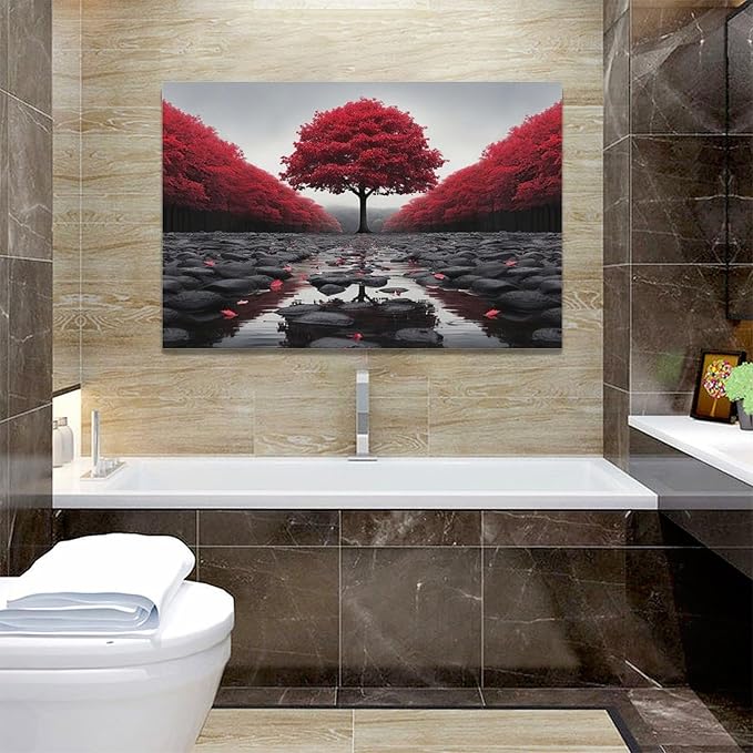 Black And Red Tree Wall Art Zen Stone Canvas Prints Pictures Large Red Tree Forest Landscape Wall Decor Modern Framed Artwork for Living Room Bedroom Office Spa Yoga 24"x16"