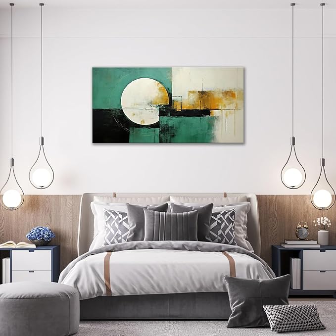 Abstract Wall Art Large Canvas Prints Abstract Moon Picture Wall Decor Black White Teal Graffiti Modern Framed Artwork Home Decorations for Living Room Dining Room Bedroom Office 60"x30"