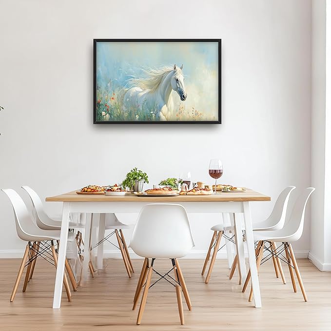 SweetFox Extra Large White Horse Framed Wall Art for Living Room, Horse Wildflower Pictures Oversized Wall Decor Abstract Big Canvas Painting Print Artworks for Bathroom Master Bedroom 36L X 24W