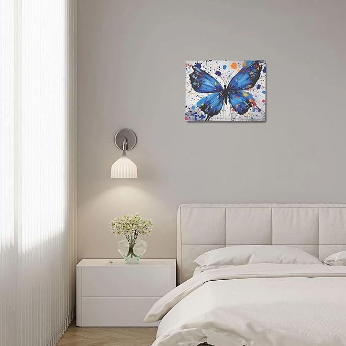 Banksy Butterfly Wall Art Blue Butterfly Street Art Graffiti Wall Decor Pictures Painting Canvas Artwork Framed Decoration Gifts for Women Girl Living Room Bedroom Office 12"x16"