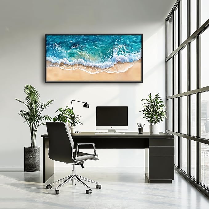 SweetFox Extra Large Watercolor Ocean Wave Framed Wall Art for Living Room, Coastal Beach Ocean Pictures Oversized Wall Decor Abstract Canvas Painting Print Artworks for Bathroom Bedroom 60L X 30W