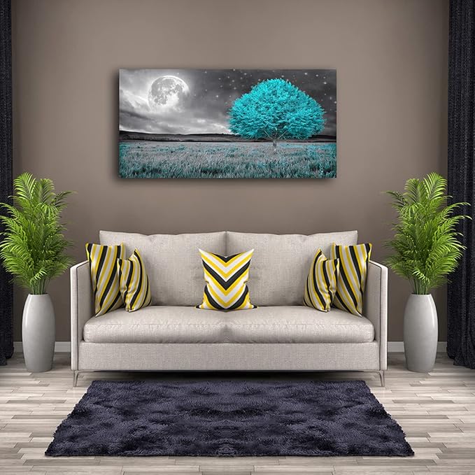 Tree of Life Wall Art Picture Canvas Prints Room Wall Décor Blue Tree with Full Moon Paintings for Living Room Bathroom Bedroom Home Kitchen Decorations Natural Artwork Wooden Framed 28x57inches