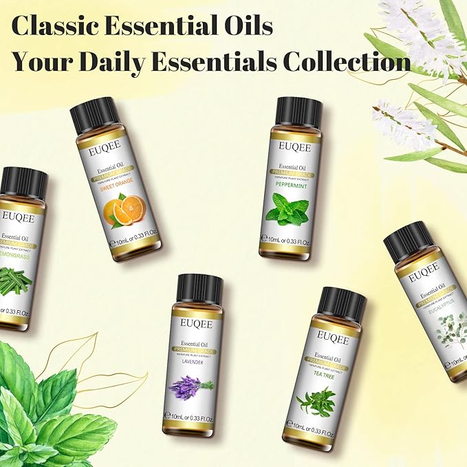 Classic Essential Oil Set of 6 Pure Essential Oil Gift Set for Diffusers, Soap Candle Making - Lavender, Eucalyptus, Peppermint, Tea Tree, Sweet Orange, Lemongrass Aromatherapy Oils -10ml