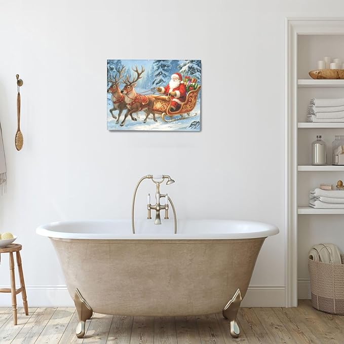 Santa Claus Christmas Wall Art Winter Santa Claus Reindeer Canvas Wall Decor Winter Christmas Pictures Painting Artwork Decoration Framed Gifts for Women Girl Bedroom Living Room Dining Office 12"x16"