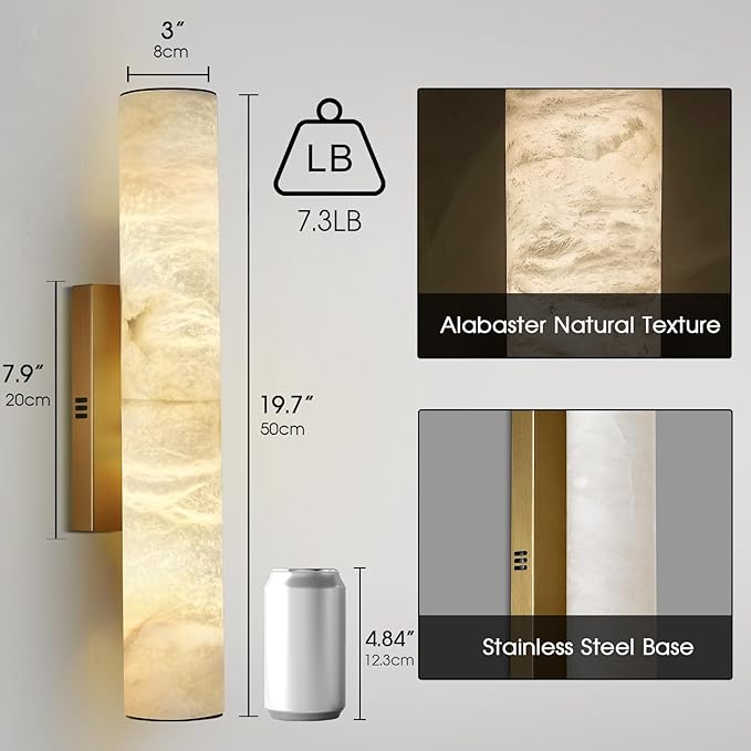 Alabaster Wall Sconces Gold, Spanish Natural Marble Wall Sconce, 20" Brass Wall Sconce for Bathroom, Indoor Stone Wall Sconces Dimmable, Alabaster Wall Light for Living Room, Bedroom, Hallway, Stairs