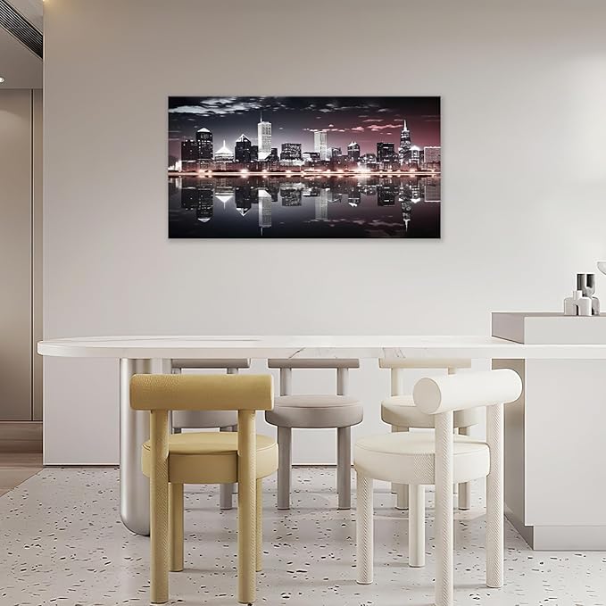 Chicago Skyline Wall Art City Night View Pictures Living Room Wall Decor Black Cityscape Large Canvas Prints Painting Modern Framed Artwork Above Bed for Diving Room Office 60"x30"