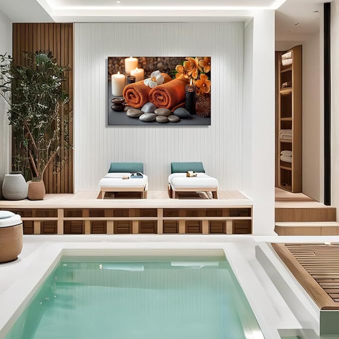 KPLUNDO Zen Canvas Wall Art - Candle Spa Stones with Towel on Wood Table Picture Orchid Meditation Spiritual Relax Painting Prints for Bathroom Home Decor Frame(20.00x30.00 inch)
