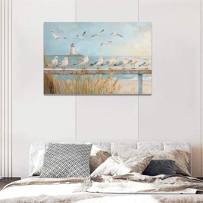Olivine Beach Wall Art, Coastal Seagull Lighthouse Bathroom Pictures, Nautical Canvas Prints Painting for Living Room Bedroom Dinning Room Kitchen 24x16 Inch Framed