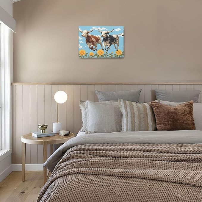 Longhorn Wall Decor Funny Cow Canvas Wall Art Cute Cattle Pictures Painting Artwork Framed Decoration for Bedroom Bathroom Living Room Kitchen Dining Room Office 16"x24"