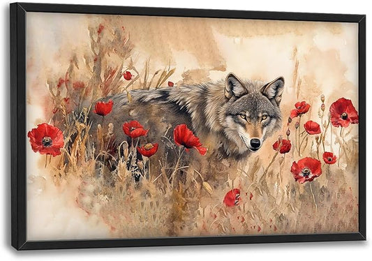 SweetFox Extra Large Watercolor Wolf Framed Wall Art for Living Room, Wild Flowers Wolf Pictures Oversized Wall Decor Abstract Canvas Painting Print Artwork for Bathroom Master Bedroom 36L X 24W