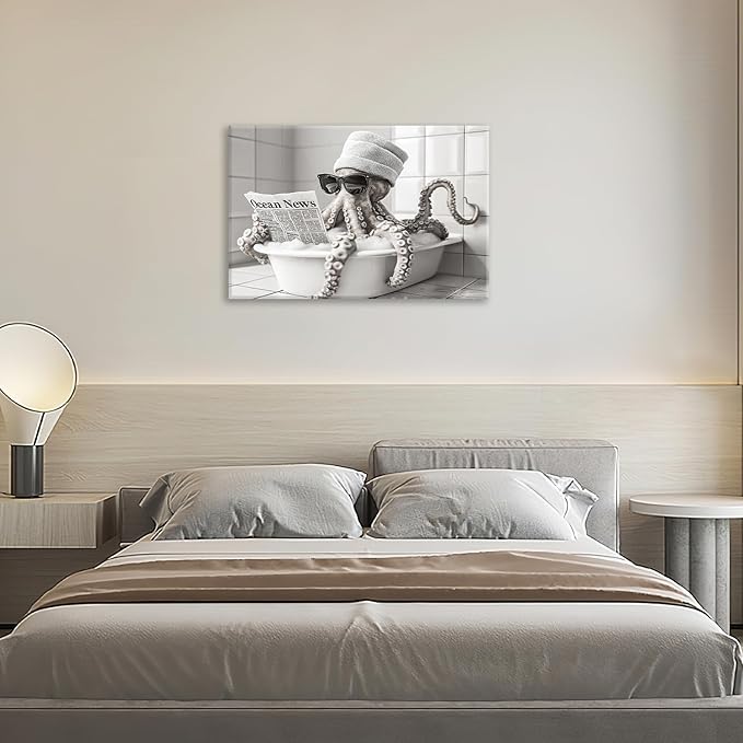 Olivine Octopus Wall Art, Funny Animal Pictures Wall Decor, Black And White Painting, Octopus Bathtub Canvas Prints, Framed Artwork for Bathroom Bedroom Living Room Office Home Decoration 24"x16"