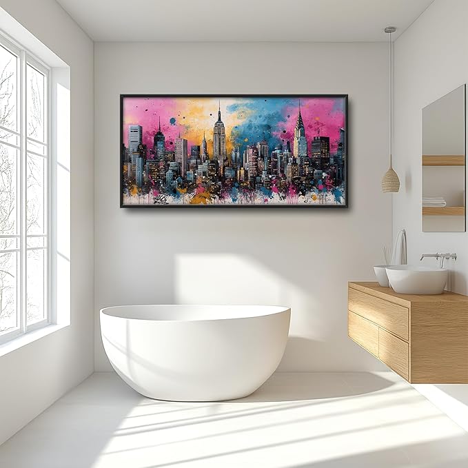 Glocmna Large Wall Art for Living Room Banksy Street Graffiti New York City Wall Decor Modern Skyline Cityscape Pictures Painting Big Canvas Print Framed Artwork Decorations Home Office Bedroom 30"x60"
