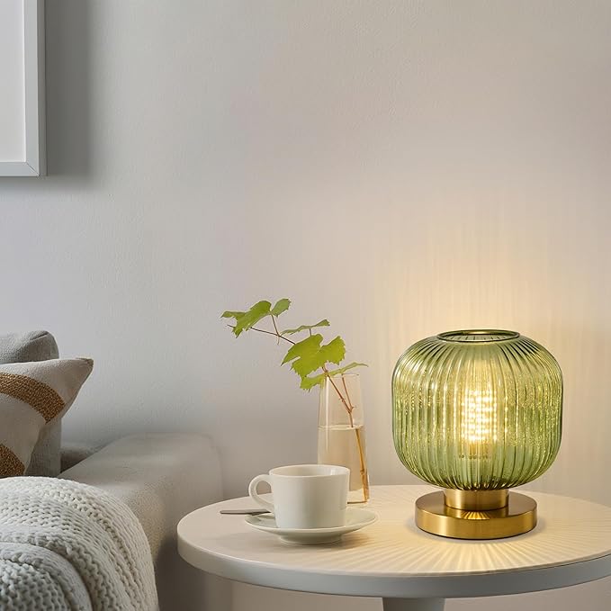 Small Green Glass Table Lamp: Mid Century Modern Dimmable Nightstand Lamps - Vintage Decor Brass Desk Lamp with Plug - Ribbed Glass Bedside Tables Lamps for Bedroom Living Room Office Bulb Excluded
