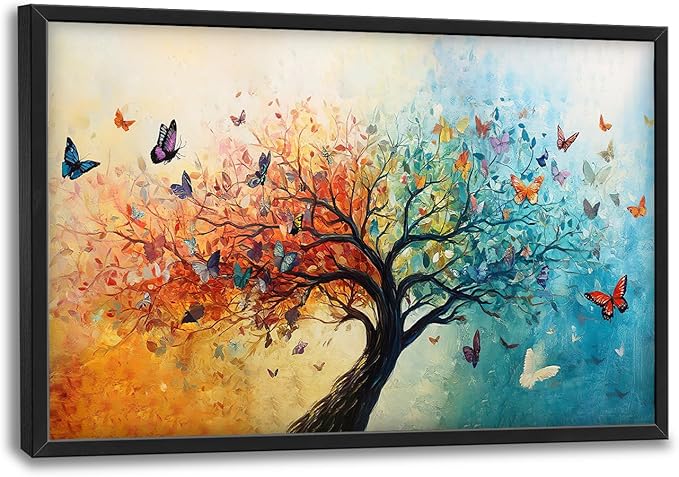SweetFox Extra Large Tree of Life Framed Wall Art for Living Room, Colorful Tree Butterfly Pictures Oversized Wall Decor Abstract Canvas Painting Print Artwork for Bathroom Master Bedroom 36L X 24W