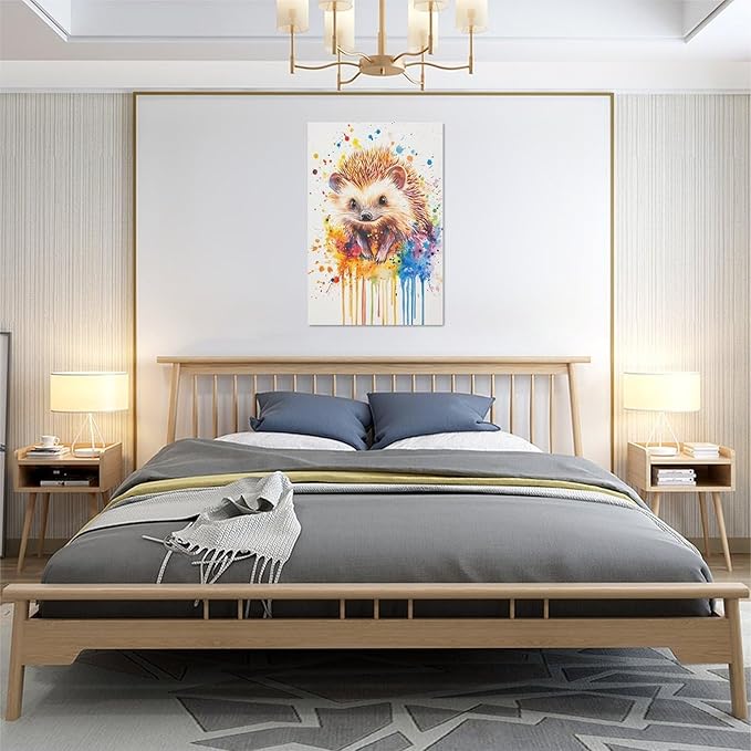Fleruku Watercolor Hedgehog Wall Art Colorful Hedgehog Wall Decor Cute Animal Pictures Canvas Painting Artwork Home Decorations for Living Room Bedroom Bathroom Office Nursery Classroom 16"x24"
