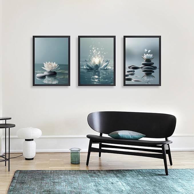 GELDSTEI Calm Zen Botanical Canvas Wall Art, White Lotus Blooming on Stones in Water Aesthetic Pictures, Yoga Spa Meditation Room Decor, Modern Spiritual Poster Prints for Zen Wood Framed 16"x24"x3