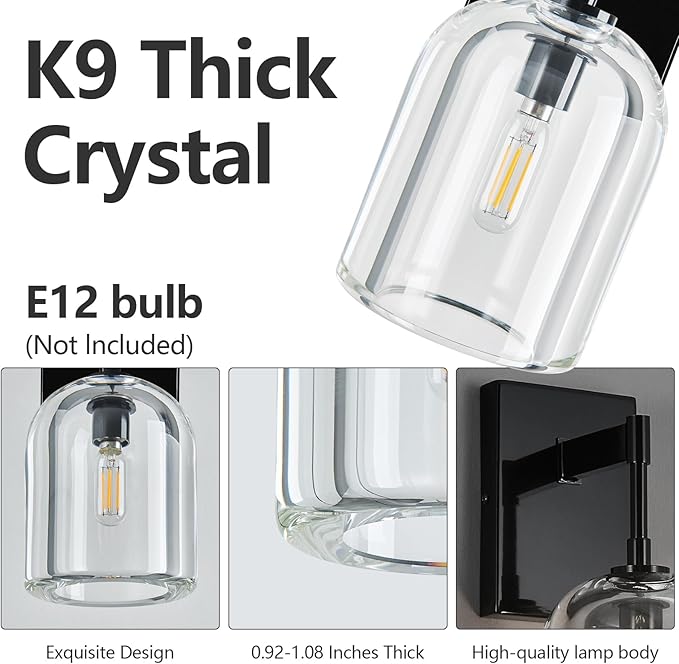 Modern Crystal Wall Sconces Set of Two Indoor Black Wall Lamp Vanity Wall Lighting for Bathroom Bedroom Living Room Stair