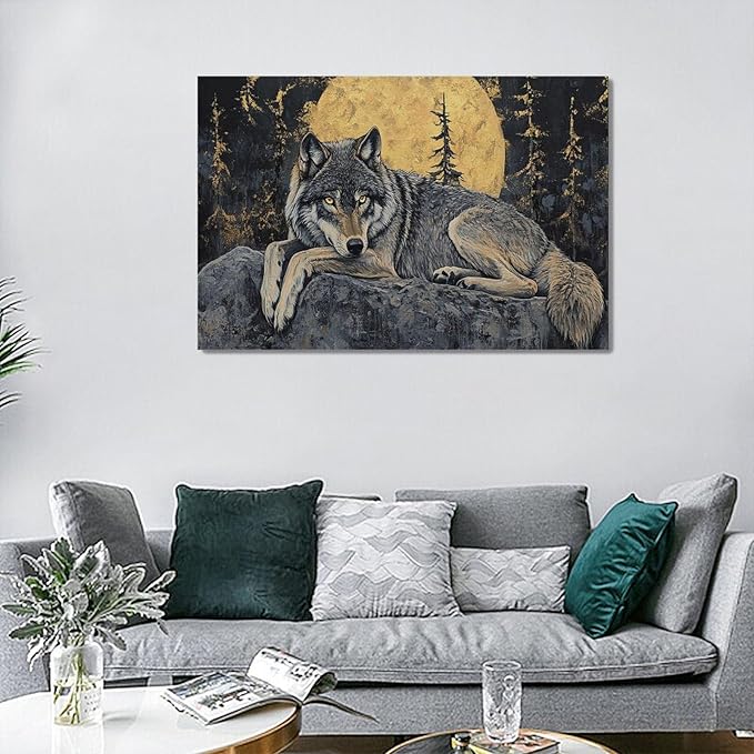 Wolf Wall Art Wolf Moon Pictures Wall Decor Wildlife Animal Canvas Painting Modern Artwork Home Decoration for Bathroom Office Living Room Bedroom Framed 24"x36"