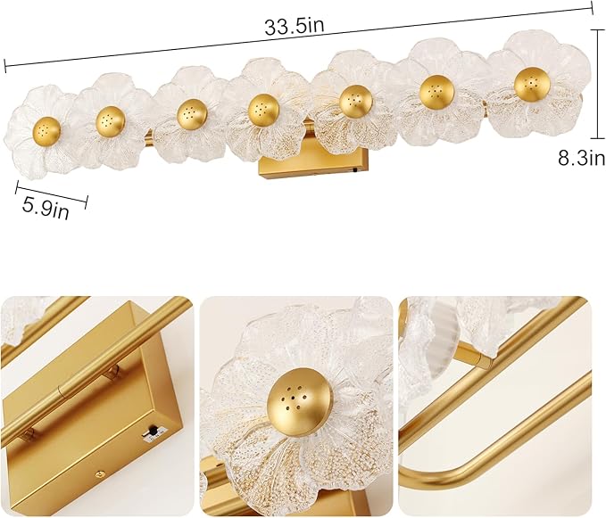 MantoLite Bathroom Light Fixtures Modern Vanity Over Mirror Adjustable 3000K-6000K Picture Lights Art Light with Floral Clear Glass Shades for Living Room Bedroom Wall Sconces (7 Gold)