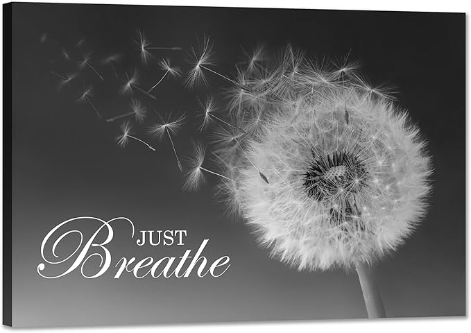 SKASNFAI Just Breathe Wall Art Zen Office Wall Decor Inspirational Yoga Quotes Positive Relax Artwork Picture Black and White Dandelion Posters Print for Meditation Room (12L x 16W)