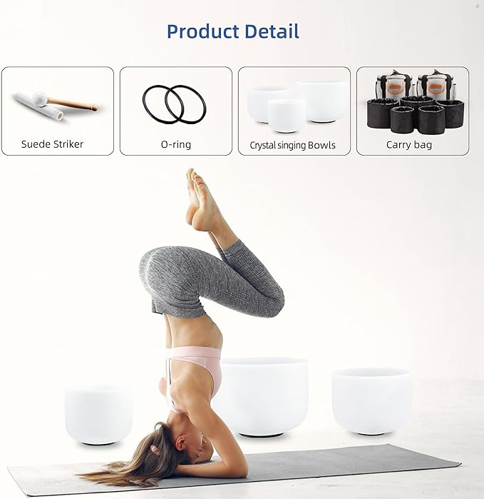 RYAN DVAN Crystal Singing Bowl Set of 3, 6" B Ctown, 7" G Throat, 8" F Heart with Case Suede Striker & O-Ring Sound Therapy for Yoga, Reiki, Chakra Healing Energy Tuning & Mindfulness Kit
