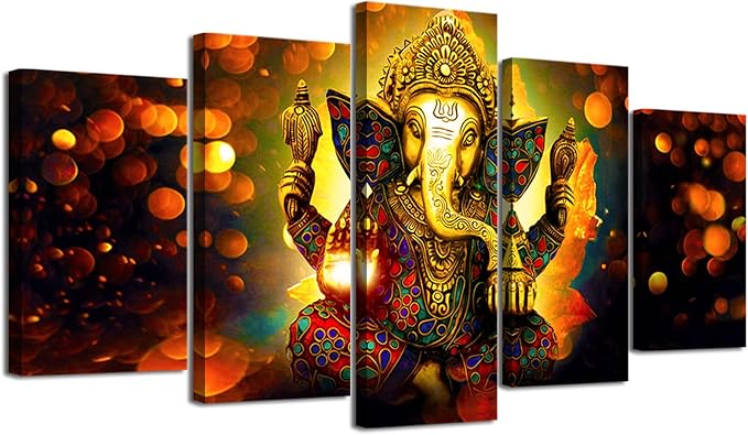 DJSYLIFE Hindu God Ganesha Wall Art Canvas Printed for Living Room Decorative Painting Modern Home Decor 5pcs HD Print Lord Ganesha Elephant Picture Art Wall Framed Ready to Hang (40" W x 22" H)