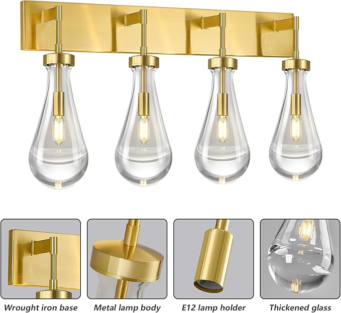 Raindrop Wall Sconces Gold Crystal Sconces Wall Decor Modern Brass Lighting Glass Bathroom Sconces Indoor Vanity Light Wall Lamp for Bedroom Living Room Stair(4-Light)
