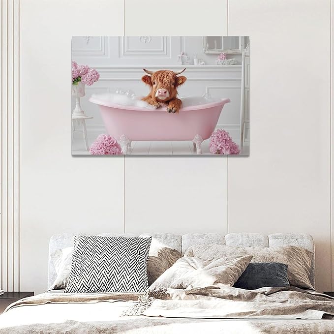 Bathroom Cow Wall Art Highland Cow Wall Decor Pink Pictures Canvas Painting Framed Artwork Home Decorations for Toilet Lavatory Living Room Bedroom 24"x16"
