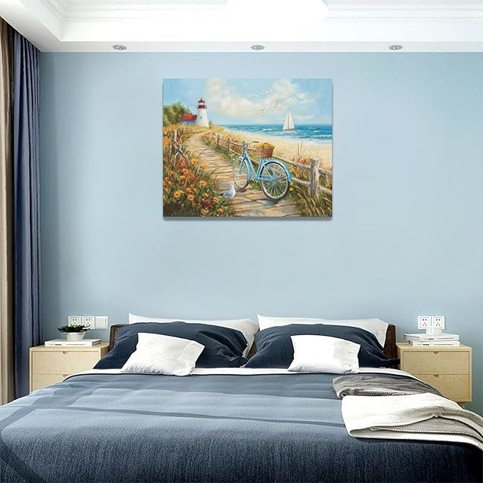 Olivine Coastal Wall Art, Beach Bicycle Pictures Wall Decor, Lighthouse Painting, Ocean Seascape Canvas Prints, Framed Artwork for Living Room Bedroom Bathroom Kitchen Office Home Decoration 20"x16"