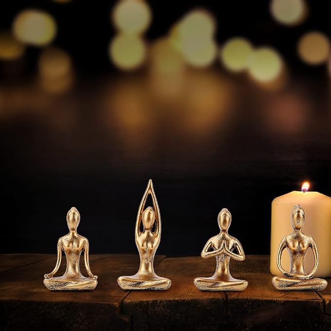 Leekung Yoga Statue Meditation Zen Decor - Yoga Statues for Home Decor,Small Yoga Figurines for Spiritual Room Decorations,Set of 4 Yoga Pose Statue Shelf Decor Accents Gold Color