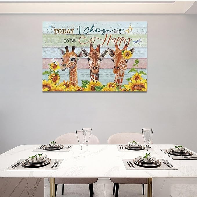Giraffe Bathroom Decor Wall Art Sunflower Wall Decor Giraffe Canvas I Choose Happy Prints Painting Framed Artwork for Bathroom living room Bedroom 24"x16"