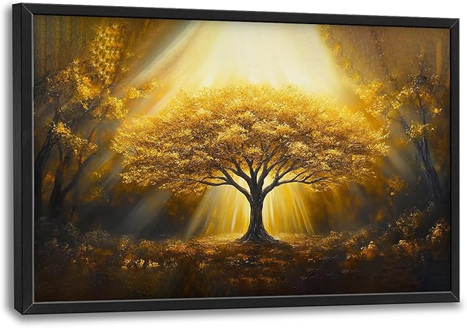 SweetFox Extra Large Tree of Life Framed Wall Art for Living Room, Golden Tree Forest Pictures Oversized Wall Decor Abstract Canvas Painting Print Artwork for Bathroom Master Bedroom 36L X 24W