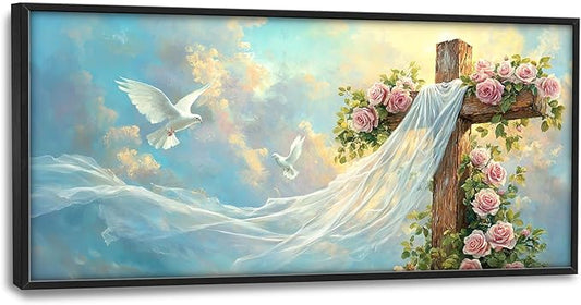 Cross Large Wall Art Christian Religious Pictures Wall Decor Rose Dove Big Canvas Painting Prints Framed Artwork Home Church Decorations Above Bed for Prayer Bedroom Living Room Dining Room 60"x30"